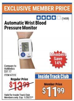 Harbor Freight ITC Coupon AUTOMATIC WRIST BLOOD PRESSURE MONITOR Lot No. 67212/62220 Expired: 1/28/21 - $11.99