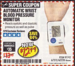 Harbor Freight Coupon AUTOMATIC WRIST BLOOD PRESSURE MONITOR Lot No. 67212/62220 Expired: 10/31/19 - $12.49