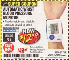 Harbor Freight Coupon AUTOMATIC WRIST BLOOD PRESSURE MONITOR Lot No. 67212/62220 Expired: 11/30/19 - $12.49