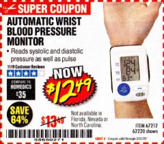 Harbor Freight Coupon AUTOMATIC WRIST BLOOD PRESSURE MONITOR Lot No. 67212/62220 Expired: 3/31/20 - $12.99