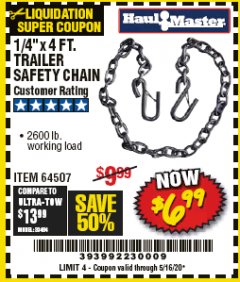 Harbor Freight Coupon 1/4" X 4 FT. TRAILER SAFETY CHAIN Lot No. 64507 Expired: 6/30/20 - $6.99