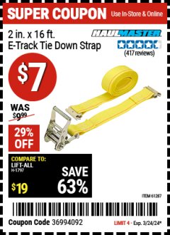Harbor Freight Coupon 2" X 16 FT. E-TRACK TIE DOWN STRAP Lot No. 62758/61287/66727 Expired: 3/24/24 - $7