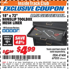 Harbor Freight ITC Coupon 18" x 72" NONSLIP TOOLBOX MESH LINER Lot No. 67055 Expired: 8/31/19 - $4.99