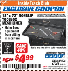 Harbor Freight ITC Coupon 18" x 72" NONSLIP TOOLBOX MESH LINER Lot No. 67055 Expired: 10/31/19 - $4.99