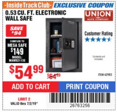 Harbor Freight ITC Coupon 0.53 CUBIC FT. DIGITAL WALL SAFE Lot No. 62983/97081 Expired: 7/2/19 - $54.99