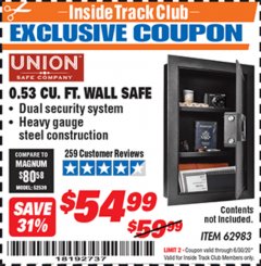 Harbor Freight ITC Coupon 0.53 CUBIC FT. DIGITAL WALL SAFE Lot No. 62983/97081 Expired: 6/30/20 - $54.99