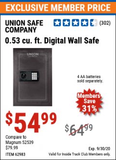 Harbor Freight ITC Coupon 0.53 CUBIC FT. DIGITAL WALL SAFE Lot No. 62983/97081 Expired: 9/30/20 - $54.99