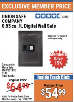 Harbor Freight ITC Coupon 0.53 CUBIC FT. DIGITAL WALL SAFE Lot No. 62983/97081 Expired: 1/28/21 - $54.99
