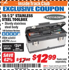 Harbor Freight ITC Coupon 18.5" STAINLESS STEEL TOOLBOX Lot No. 62455/68296 Expired: 4/30/20 - $12.99