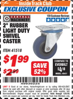 Harbor Freight ITC Coupon 2" RUBBER LIGHT DUTY SWIVEL CASTER Lot No. 41518 Expired: 1/31/19 - $1.99