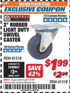 Harbor Freight ITC Coupon 2" RUBBER LIGHT DUTY SWIVEL CASTER Lot No. 41518 Expired: 1/31/20 - $1.99