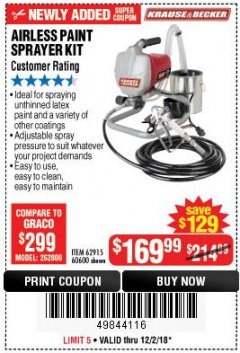Harbor Freight Coupon AIRLESS PAINT SPRAYER KIT Lot No. 62915/60600 Expired: 12/2/18 - $169.99