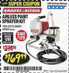Harbor Freight Coupon AIRLESS PAINT SPRAYER KIT Lot No. 62915/60600 Expired: 4/30/19 - $169.99