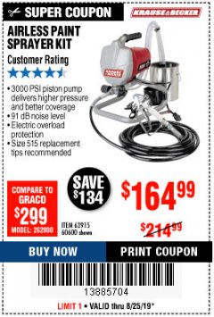 Harbor Freight Coupon AIRLESS PAINT SPRAYER KIT Lot No. 62915/60600 Expired: 8/25/19 - $164.99