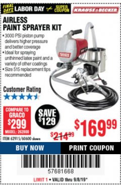 Harbor Freight Coupon AIRLESS PAINT SPRAYER KIT Lot No. 62915/60600 Expired: 9/8/19 - $169.99
