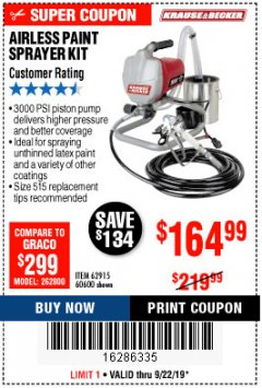 Harbor Freight Coupon AIRLESS PAINT SPRAYER KIT Lot No. 62915/60600 Expired: 9/22/19 - $164.99