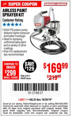 Harbor Freight Coupon AIRLESS PAINT SPRAYER KIT Lot No. 62915/60600 Expired: 10/20/19 - $169.99