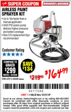 Harbor Freight Coupon AIRLESS PAINT SPRAYER KIT Lot No. 62915/60600 Expired: 12/31/19 - $164.99