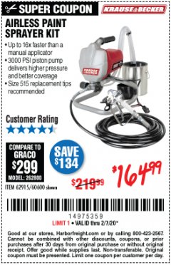 Harbor Freight Coupon AIRLESS PAINT SPRAYER KIT Lot No. 62915/60600 Expired: 2/7/20 - $164.99