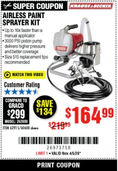 Harbor Freight Coupon AIRLESS PAINT SPRAYER KIT Lot No. 62915/60600 Expired: 6/30/20 - $164.99