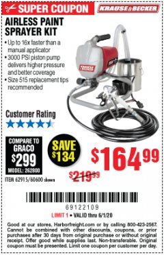 Harbor Freight Coupon AIRLESS PAINT SPRAYER KIT Lot No. 62915/60600 Expired: 6/30/20 - $164.99