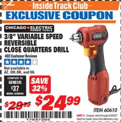 Harbor Freight ITC Coupon 3/8" REVERSIBLE CLOSE QUARTERS DRILL Lot No. 60610 Expired: 6/30/20 - $24.99