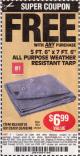 Harbor Freight FREE Coupon HFT 5 FT. 6 IN. X 7 FT. 6 IN. BLUE ALL-PURPOSE WEATHER-RESISTANT TARP Lot No. 953/69210 Expired: 5/11/15 - FWP