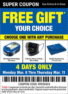 Harbor Freight FREE Coupon HFT 5 FT. 6 IN. X 7 FT. 6 IN. BLUE ALL-PURPOSE WEATHER-RESISTANT TARP Lot No. 953/69210 Expired: 3/11/21 - FWP