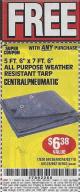 Harbor Freight FREE Coupon HFT 5 FT. 6 IN. X 7 FT. 6 IN. BLUE ALL-PURPOSE WEATHER-RESISTANT TARP Lot No. 953/69210 Expired: 5/15/17 - FWP