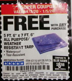 Harbor Freight FREE Coupon HFT 5 FT. 6 IN. X 7 FT. 6 IN. BLUE ALL-PURPOSE WEATHER-RESISTANT TARP Lot No. 953/69210 Expired: 1/5/20 - FWP