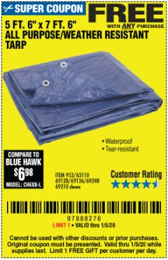 Harbor Freight FREE Coupon HFT 5 FT. 6 IN. X 7 FT. 6 IN. BLUE ALL-PURPOSE WEATHER-RESISTANT TARP Lot No. 953/69210 Expired: 1/5/20 - FWP