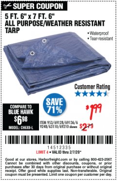 Harbor Freight Coupon 5 FT. 6" X 7 FT. 6" ALL PURPOSE WEATHER RESISTANT TARP Lot No. 953/63110/69210/69128/69136/69248 Expired: 2/7/20 - $1.99