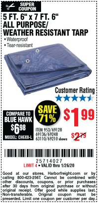 Harbor Freight Coupon HFT 5 FT. 6 IN. X 7 FT. 6 IN. BLUE ALL-PURPOSE WEATHER-RESISTANT TARP Lot No. 953/69210 Expired: 1/26/20 - $1.99