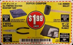 Harbor Freight Coupon HFT 5 FT. 6 IN. X 7 FT. 6 IN. BLUE ALL-PURPOSE WEATHER-RESISTANT TARP Lot No. 953/69210 Expired: 2/29/20 - $1.99