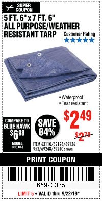Harbor Freight Coupon 5 FT. 6" X 7 FT. 6" ALL PURPOSE WEATHER RESISTANT TARP Lot No. 953/63110/69210/69128/69136/69248 Expired: 9/22/19 - $2.49