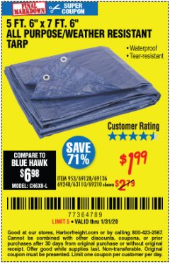 Harbor Freight Coupon 5 FT. 6" X 7 FT. 6" ALL PURPOSE WEATHER RESISTANT TARP Lot No. 953/63110/69210/69128/69136/69248 Expired: 1/31/20 - $1.99