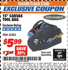 Harbor Freight ITC Coupon 15" CANVAS TOOL BAG Lot No. 32282 Expired: 9/30/18 - $5.99