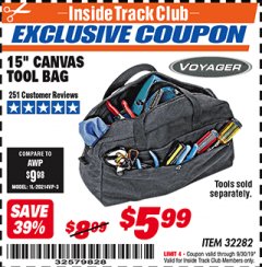 Harbor Freight ITC Coupon 15" CANVAS TOOL BAG Lot No. 32282 Expired: 9/30/19 - $5.99