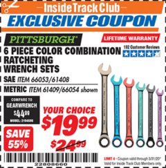 Harbor Freight ITC Coupon 6 PIECE COLOR COMBINATION RATCHETING WRENCH SETS Lot No. 66053/66054 Expired: 3/31/20 - $19.99