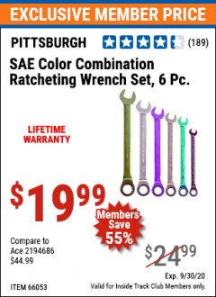 Harbor Freight ITC Coupon 6 PIECE COLOR COMBINATION RATCHETING WRENCH SETS Lot No. 66053/66054 Expired: 9/30/20 - $19.99