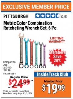 Harbor Freight ITC Coupon 6 PIECE COLOR COMBINATION RATCHETING WRENCH SETS Lot No. 66053/66054 Expired: 12/3/20 - $19.99