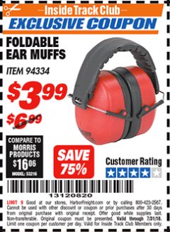 Harbor Freight ITC Coupon FOLDABLE EAR MUFFS Lot No. 70040 Expired: 7/31/18 - $3.99