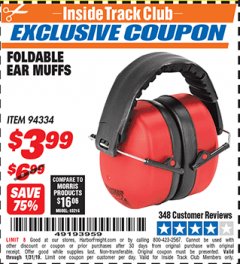 Harbor Freight ITC Coupon FOLDABLE EAR MUFFS Lot No. 70040 Expired: 1/31/19 - $3.99