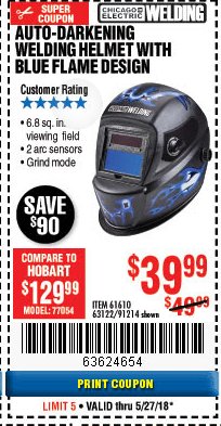 Harbor Freight Coupon AUTO-DARKENING WELDING HELMET WITH BLUE FLAME DESIGN Lot No. 91214/61610/63122 Expired: 5/27/18 - $39.99