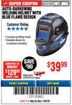 Harbor Freight Coupon AUTO-DARKENING WELDING HELMET WITH BLUE FLAME DESIGN Lot No. 91214/61610/63122 Expired: 7/8/18 - $39.99