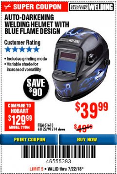 Harbor Freight Coupon AUTO-DARKENING WELDING HELMET WITH BLUE FLAME DESIGN Lot No. 91214/61610/63122 Expired: 7/22/18 - $39.99