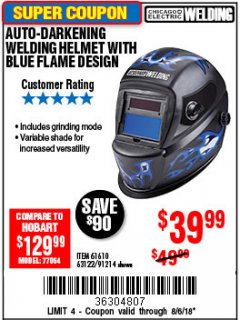Harbor Freight Coupon AUTO-DARKENING WELDING HELMET WITH BLUE FLAME DESIGN Lot No. 91214/61610/63122 Expired: 8/6/18 - $39.99