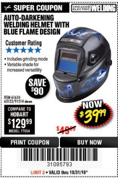 Harbor Freight Coupon AUTO-DARKENING WELDING HELMET WITH BLUE FLAME DESIGN Lot No. 91214/61610/63122 Expired: 10/31/18 - $39.99