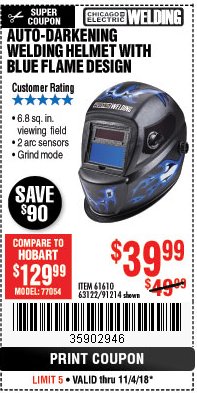 Harbor Freight Coupon AUTO-DARKENING WELDING HELMET WITH BLUE FLAME DESIGN Lot No. 91214/61610/63122 Expired: 11/4/18 - $39.99