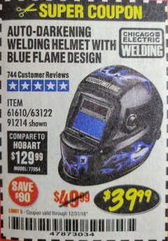 Harbor Freight Coupon AUTO-DARKENING WELDING HELMET WITH BLUE FLAME DESIGN Lot No. 91214/61610/63122 Expired: 12/31/18 - $39.99